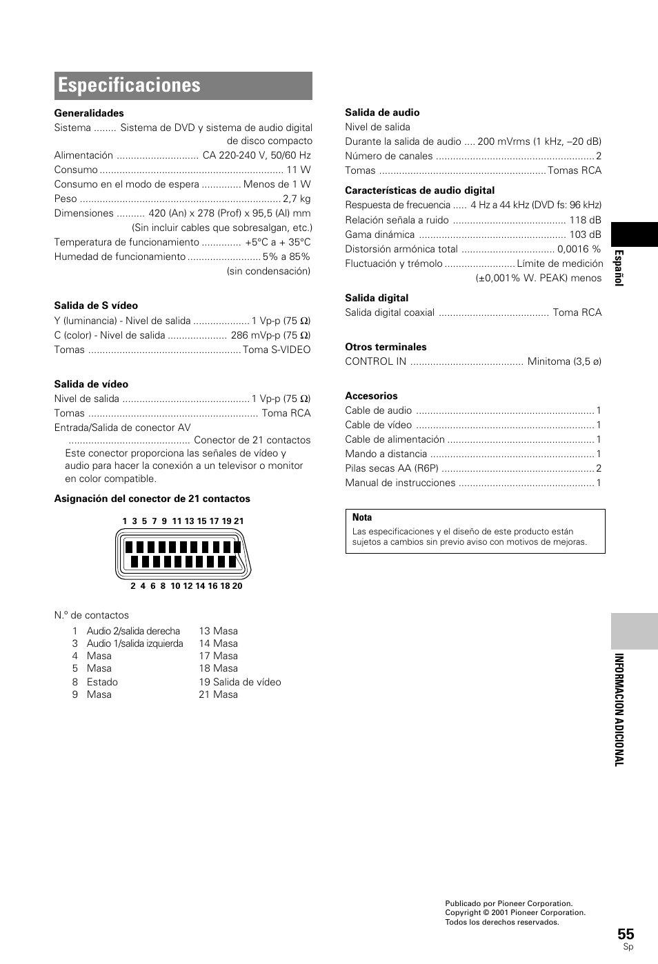 Especificaciones | Pioneer DV-343 User Manual | Page 57 / 112