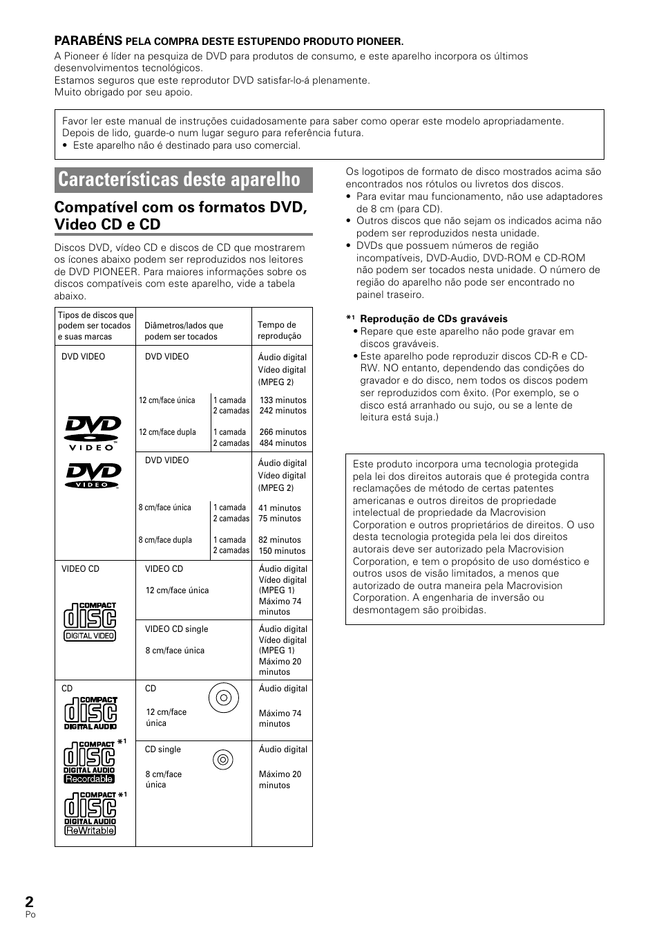 Características deste aparelho, Compatível com os formatos dvd, video cd e cd, Parabéns | Pioneer DV-343 User Manual | Page 58 / 112
