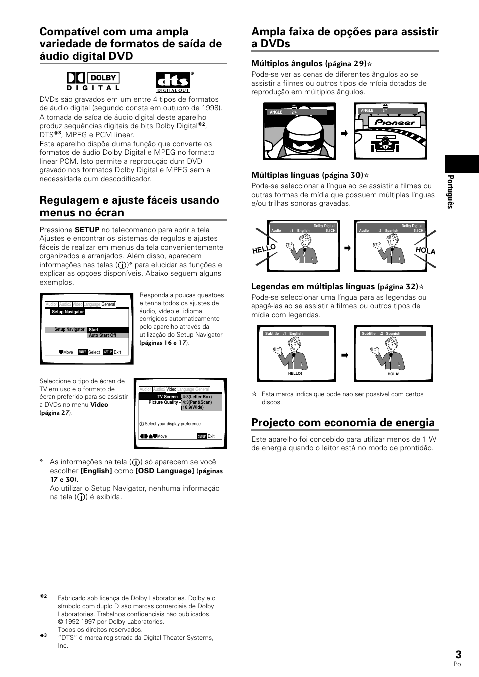 Ampla faixa de opções para assistir a dvds, Projecto com economia de energia, Regulagem e ajuste fáceis usando menus no écran | Portugu ê s, Múltiplos ângulos (página 29), Múltiplas línguas (página 30), Legendas em múltiplas línguas (página 32) | Pioneer DV-343 User Manual | Page 59 / 112