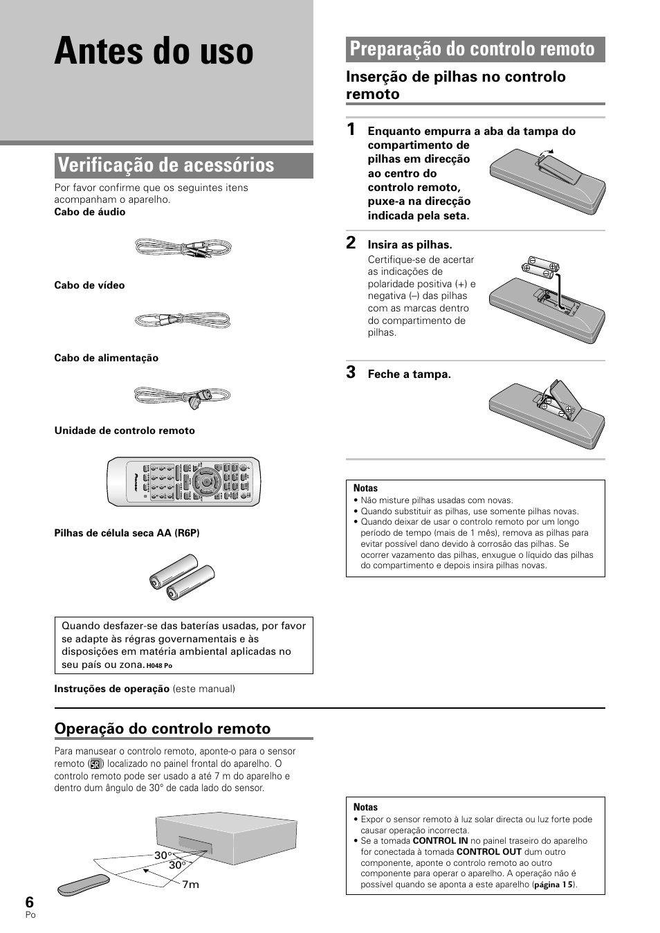 Antes do uso, Preparação do controlo remoto, Verificação de acessórios | Inserção de pilhas no controlo remoto, Operação do controlo remoto, Insira as pilhas, Feche a tampa, 30 7m, Notas, Instruções de operação (este manual) | Pioneer DV-343 User Manual | Page 62 / 112