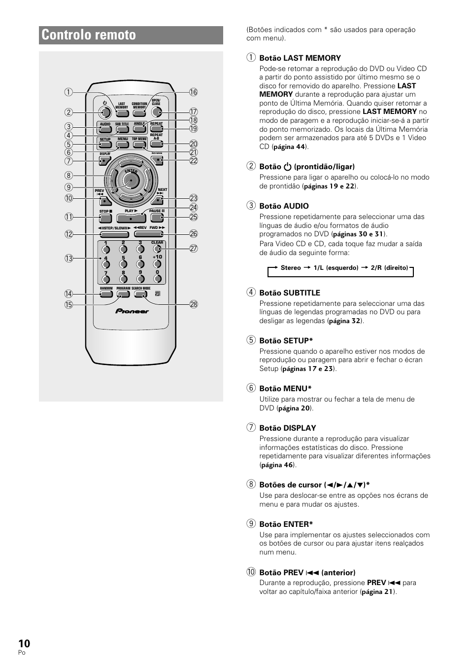 Controlo remoto | Pioneer DV-343 User Manual | Page 66 / 112