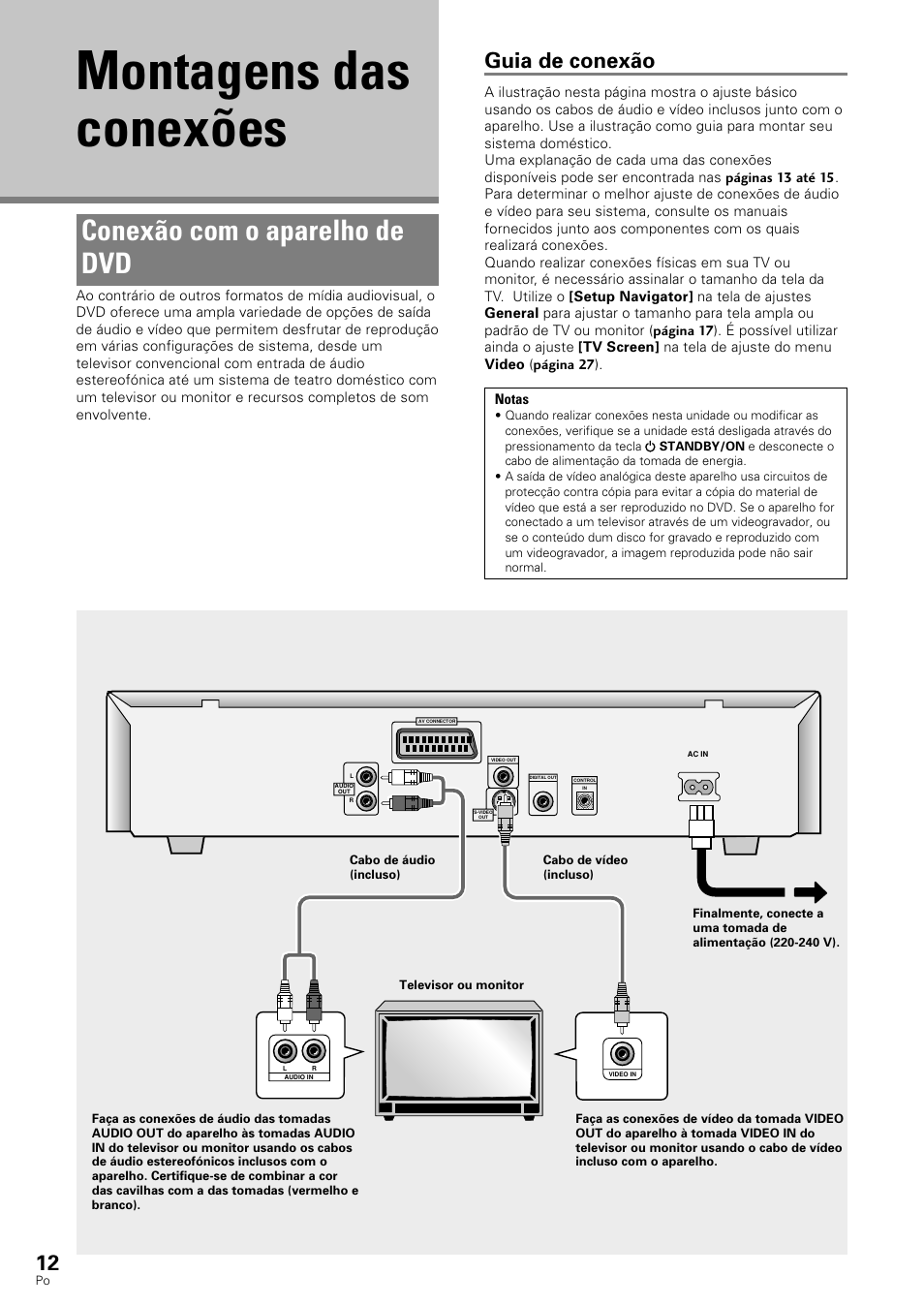 Montagens das conexões, Conexão com o aparelho de dvd, Guia de conexão | Pioneer DV-343 User Manual | Page 68 / 112