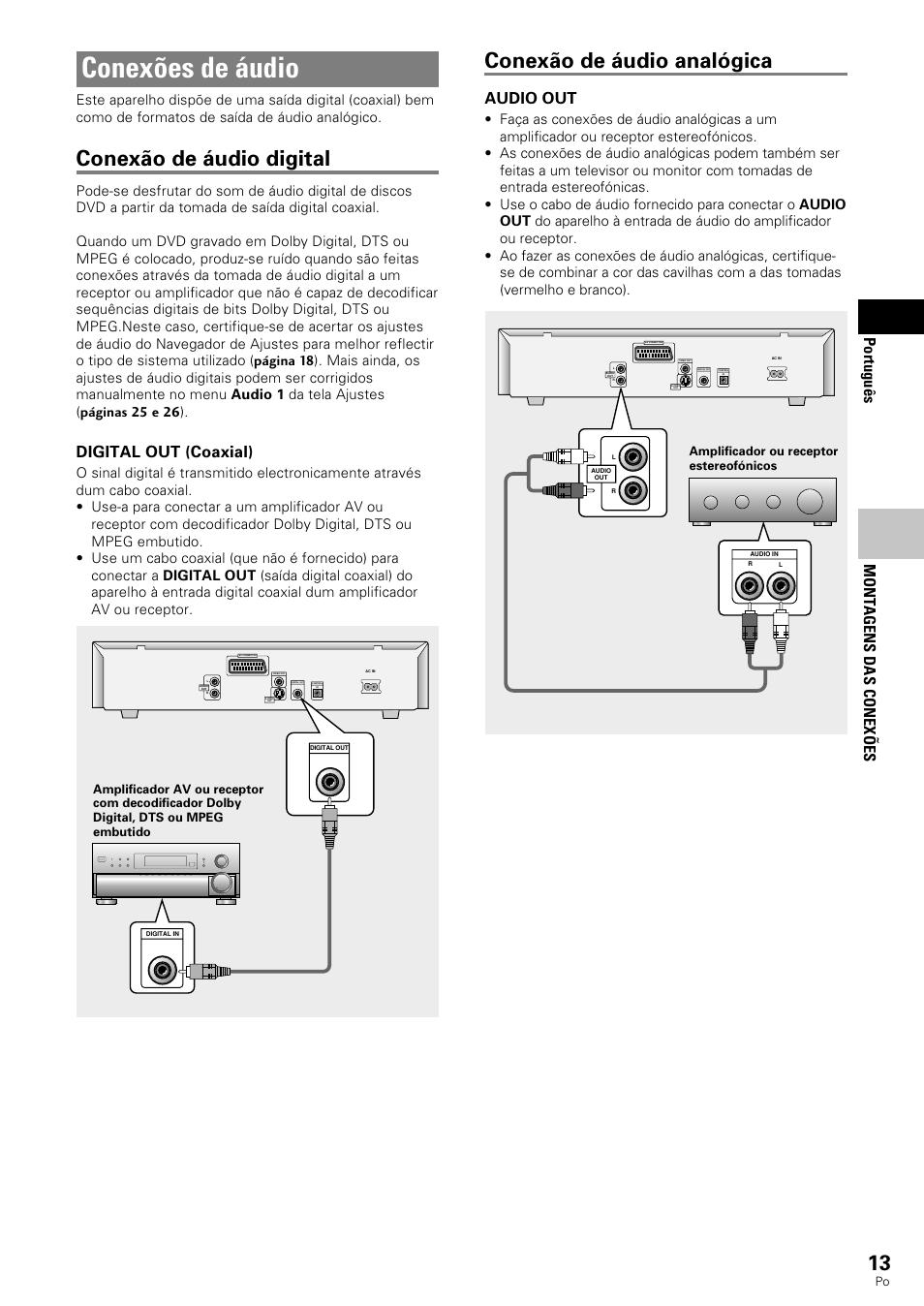 Conexões de áudio, Conexão de áudio digital, Conexão de áudio analógica | Portugu ê s, Digital out (coaxial), Mont agens das conex õ es, Audio out | Pioneer DV-343 User Manual | Page 69 / 112