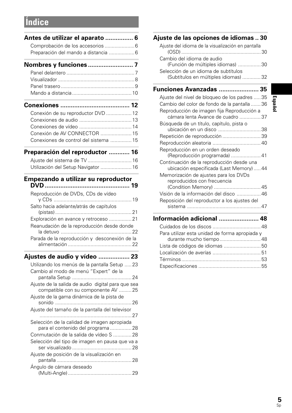 Dv-343, Manual de instrucciones, Manual de instruções | Reproductor dvd, Aparelho de dvd, Índice | Pioneer DV-343 User Manual | Page 7 / 112