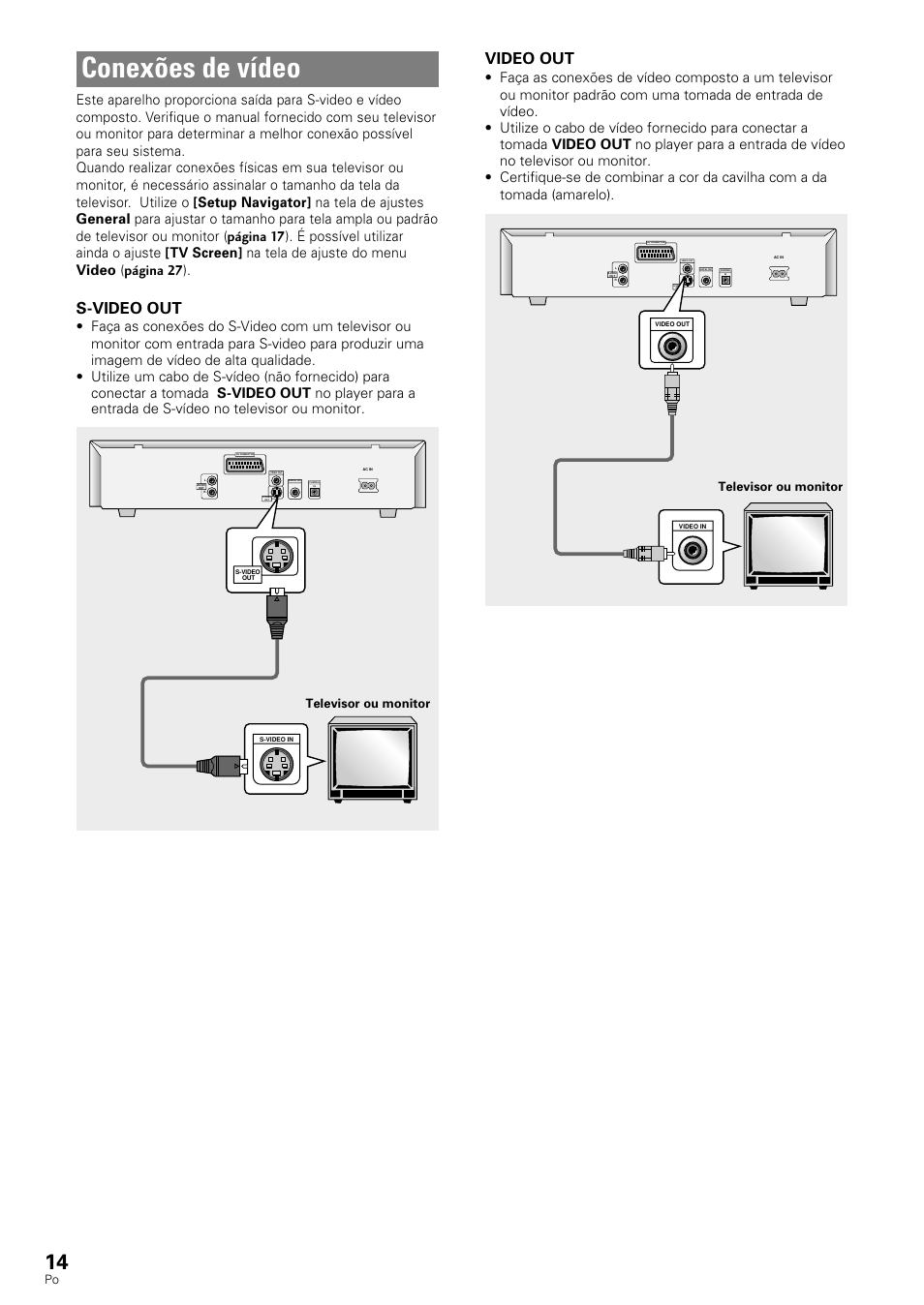 Conexões de vídeo, S-video out, Video out | Televisor ou monitor | Pioneer DV-343 User Manual | Page 70 / 112