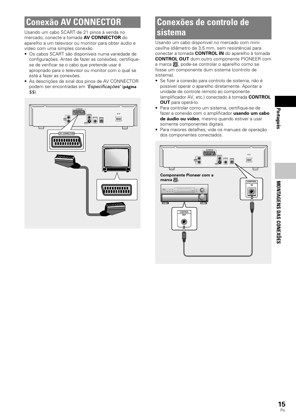 Conexões de controlo de sistema, Conexão av connector, Portugu ê s | Mont agens das conex õ es, Especificações, Página 55 ) | Pioneer DV-343 User Manual | Page 71 / 112