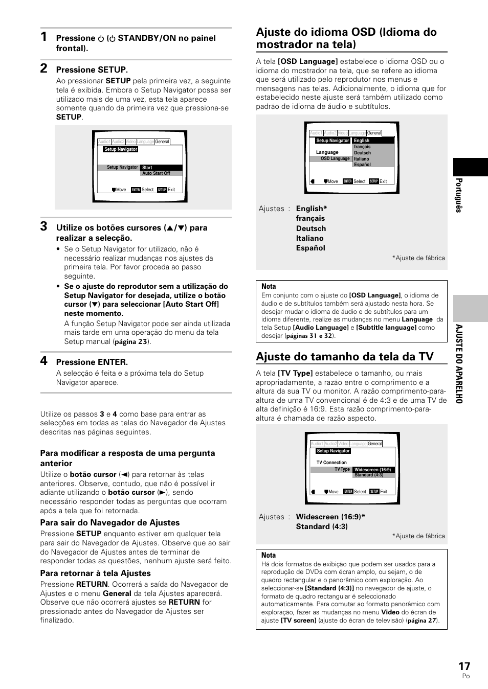 Ajuste do idioma osd (idioma do mostrador na tela), Ajuste do tamanho da tela da tv, Portugu ê s | Ajuste do ap arelho, Pressione ( standby/on no painel frontal), Pressione setup, Pressione enter, Para modificar a resposta de uma pergunta anterior, Para sair do navegador de ajustes, Para retornar à tela ajustes | Pioneer DV-343 User Manual | Page 73 / 112