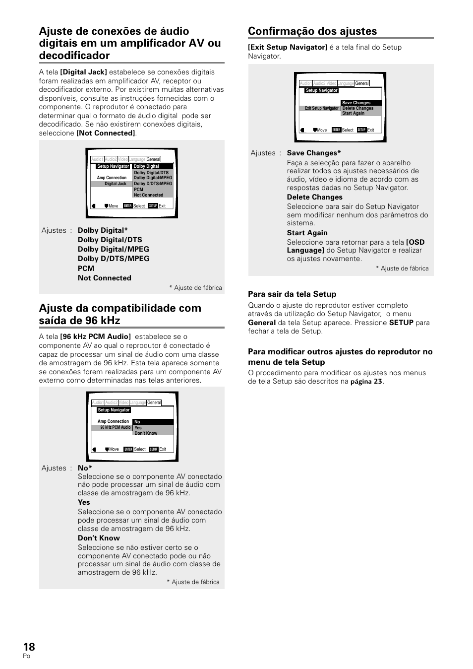 Confirmação dos ajustes, Ajuste da compatibilidade com saída de 96 khz, Para sair da tela setup | Pioneer DV-343 User Manual | Page 74 / 112