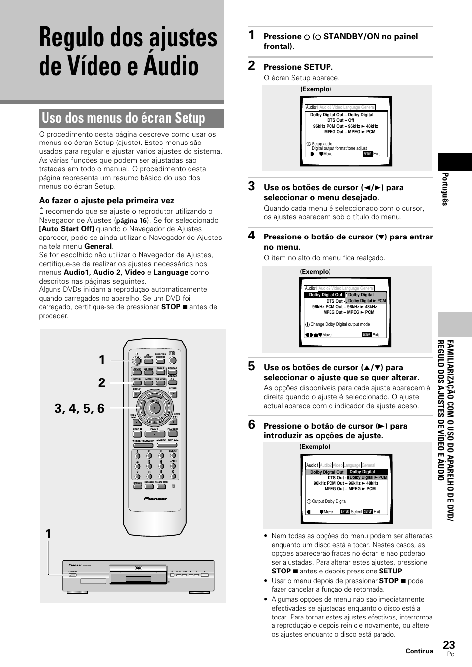 Regulo dos ajustes de vídeo e áudio, Uso dos menus do écran setup, Português | Ao fazer o ajuste pela primeira vez, Pressione ( standby/on no painel frontal), Pressione setup, Standby/on dvd pla yer, O écran setup aparece, O item no alto do menu fica realçado | Pioneer DV-343 User Manual | Page 79 / 112
