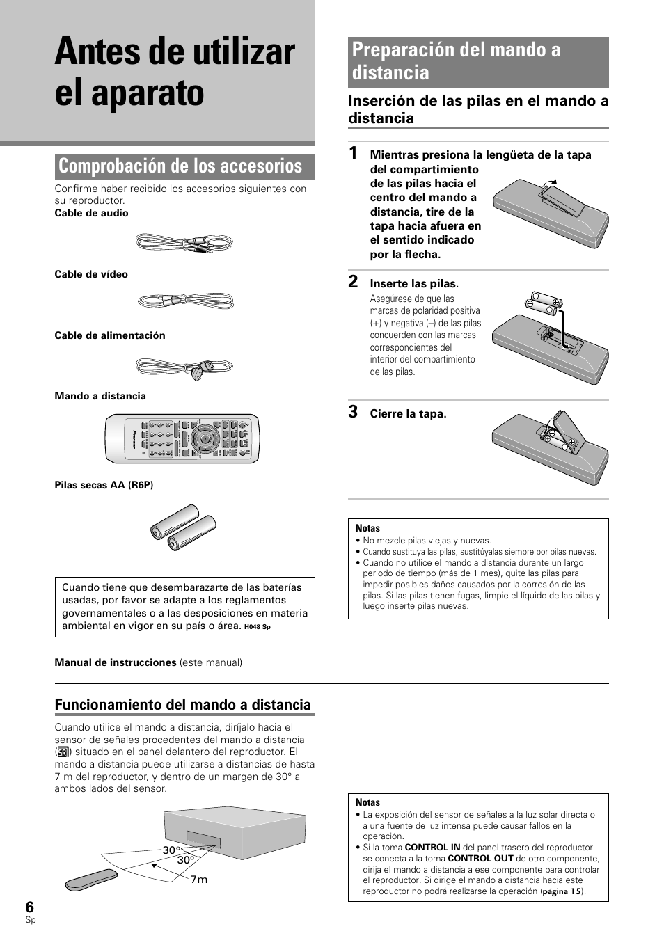 Antes de utilizar el aparato, Comprobación de los accesorios, Preparación del mando a distancia | Funcionamiento del mando a distancia, Inserción de las pilas en el mando a distancia, Inserte las pilas, Cierre la tapa, 30 7m, Manual de instrucciones (este manual), Notas | Pioneer DV-343 User Manual | Page 8 / 112