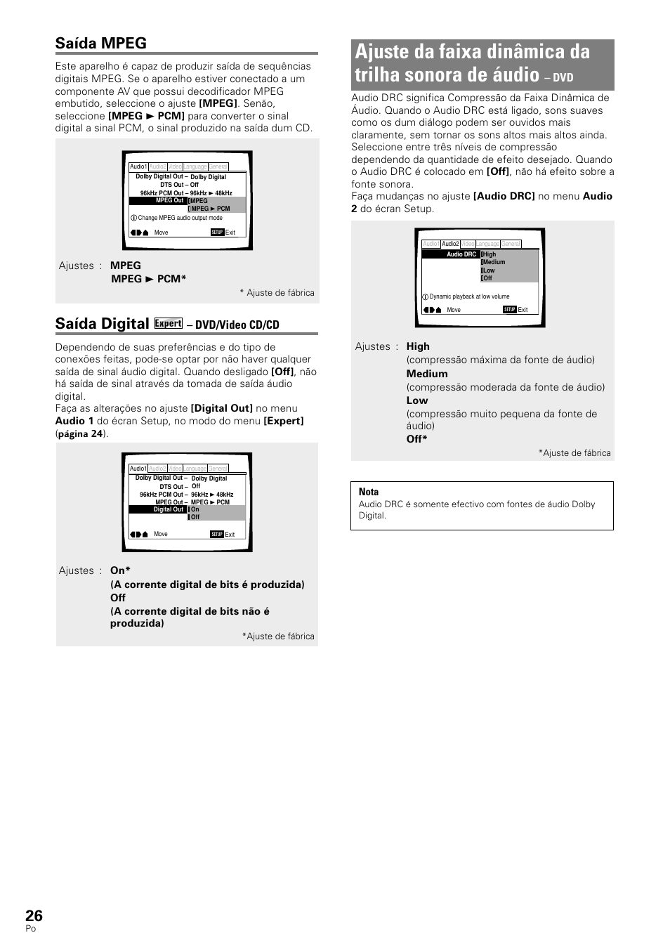 Ajuste da faixa dinâmica da trilha sonora de, Áudio, Ajuste da faixa dinâmica da trilha sonora de áudio | Saída mpeg, Saída digital, Dvd/video cd/cd | Pioneer DV-343 User Manual | Page 82 / 112