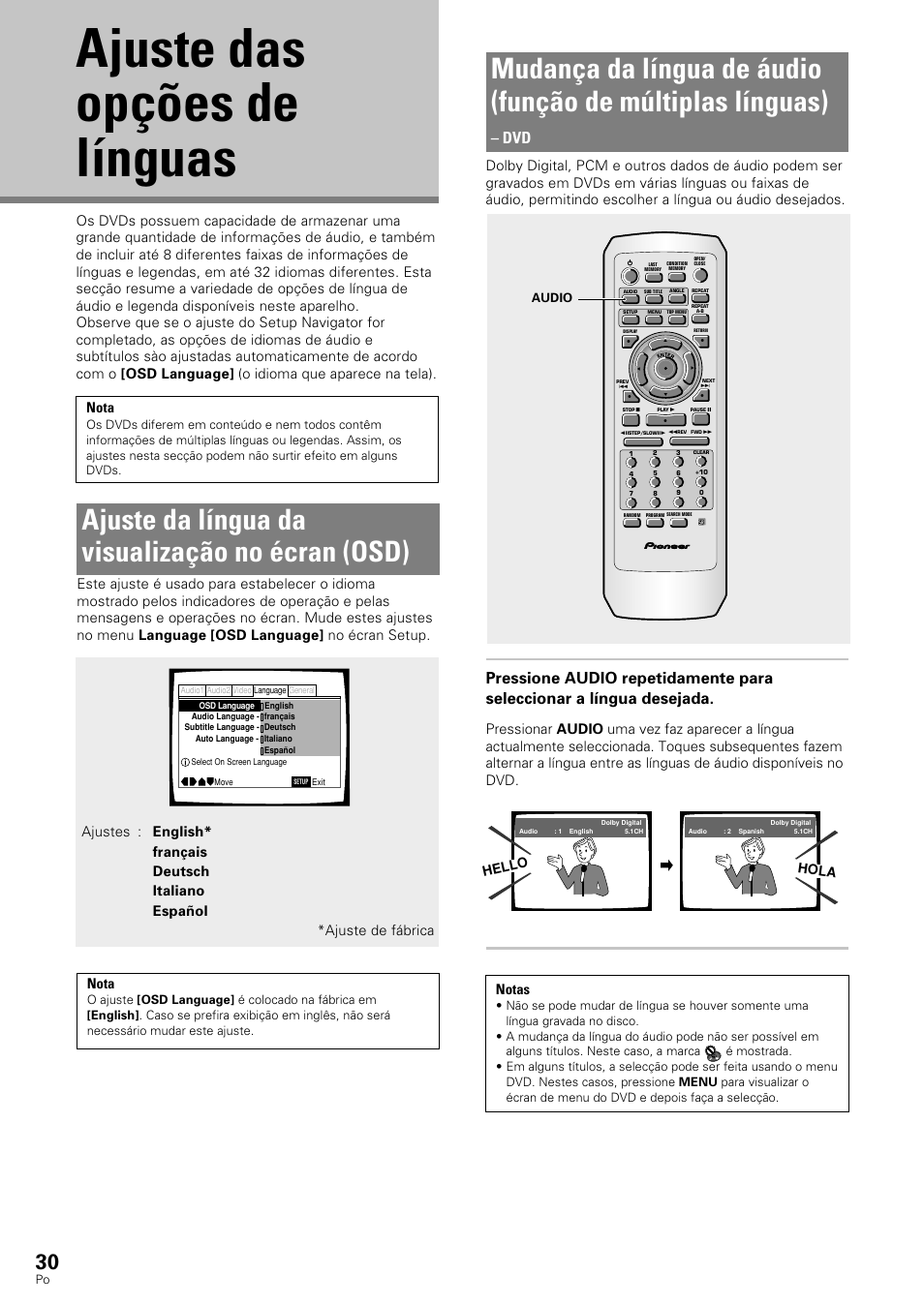 Ajuste das opções de línguas, Ajuste da língua da visualização no écran (osd), Mudança da língua de áudio (função de | Múltiplas línguas), Hello hola, Audio | Pioneer DV-343 User Manual | Page 86 / 112