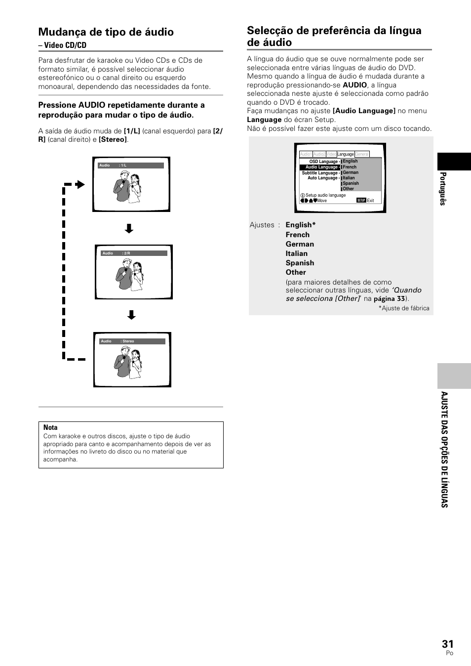 Selecção de preferência da língua de áudio, Mudança de tipo de áudio, Ajuste das op çõ es de l ínguas | Portugu ê s, Video cd/cd | Pioneer DV-343 User Manual | Page 87 / 112