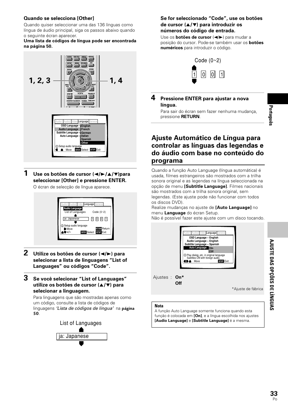 Ajuste das op çõ es de l ínguas, Portugu ê s, Quando se selecciona [other | Pressione enter para ajustar a nova língua, Lista de códigos de língua, O écran de selecção de língua aparece, Na página 50, Nota | Pioneer DV-343 User Manual | Page 89 / 112