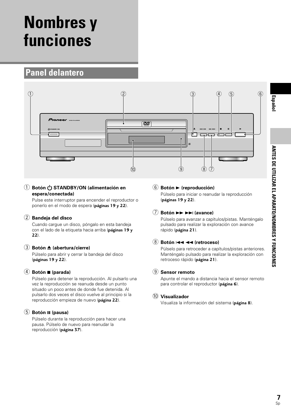 Nombres y funciones, Panel delantero | Pioneer DV-343 User Manual | Page 9 / 112