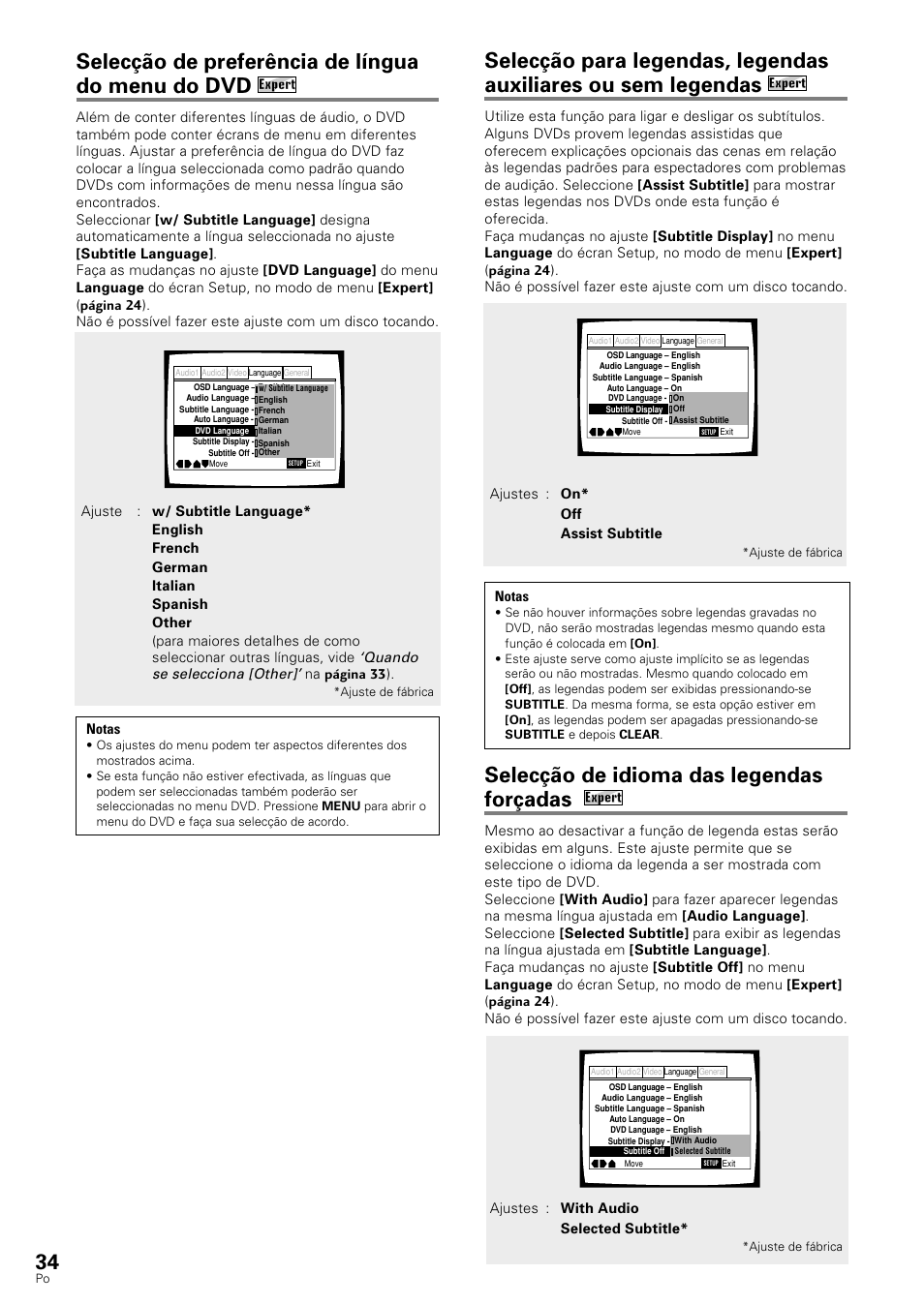 Selecção de idioma das legendas forçadas, Selecção de preferência de língua do menu do dvd, Quando se selecciona [other | Pioneer DV-343 User Manual | Page 90 / 112