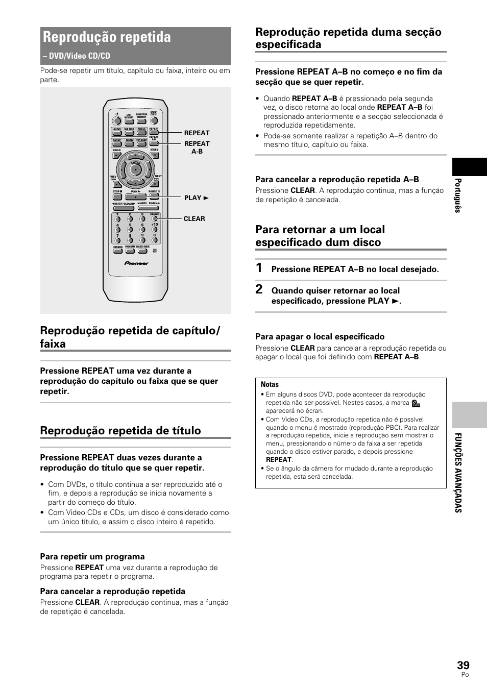 Reprodução repetida, Reprodução repetida de capítulo/ faixa, Reprodução repetida de título | Reprodução repetida duma secção especificada, Para retornar a um local especificado dum disco, Fun çõ es a v an ç adas portugu ê s, Dvd/video cd/cd, Para repetir um programa, Para cancelar a reprodução repetida, Para cancelar a reprodução repetida a–b | Pioneer DV-343 User Manual | Page 95 / 112