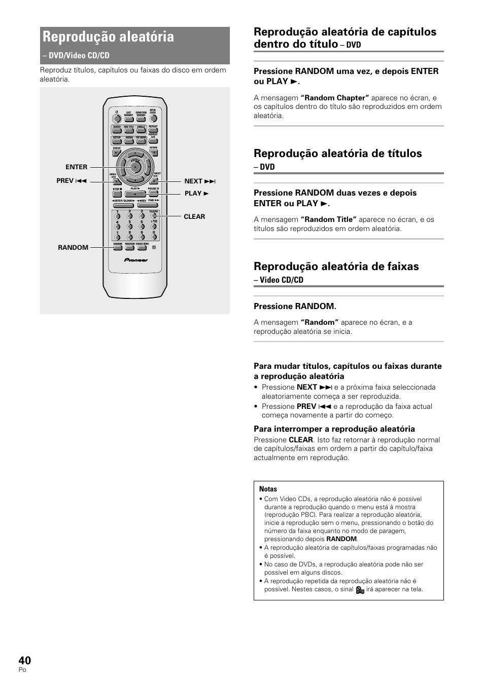 Reprodução aleatória, Reprodução aleatória de capítulos dentro do título, Reprodução aleatória de títulos | Reprodução aleatória de faixas, Dvd/video cd/cd, Video cd/cd pressione random, Para interromper a reprodução aleatória | Pioneer DV-343 User Manual | Page 96 / 112