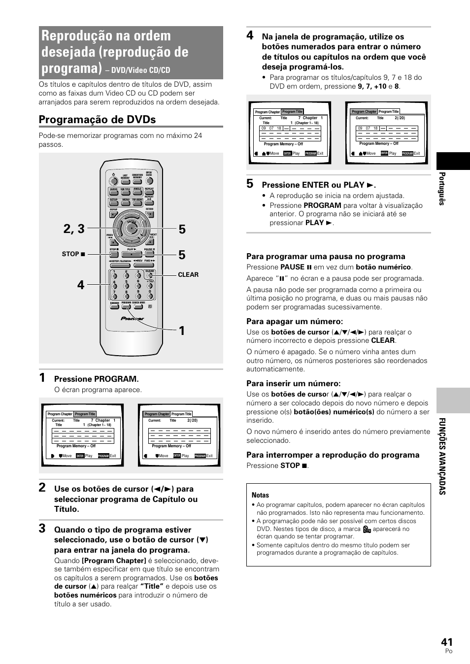 Reprodução na ordem desejada, Reprodução de programa), Programação de dvds | Fun çõ es a v an ç adas portugu ê s, Dvd/video cd/cd, Pressione program, Pressione enter ou play 3, Para programar uma pausa no programa, Para apagar um número, Para inserir um número | Pioneer DV-343 User Manual | Page 97 / 112