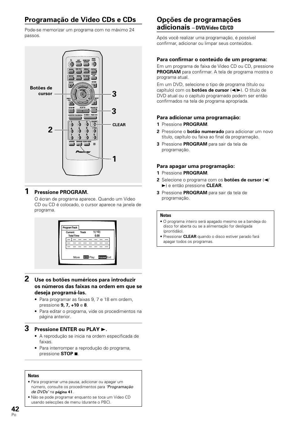 Programação de video cds e cds, Opções de programações adicionais, Pressione program | Pressione enter ou play 3, Dvd/video cd/cd, Para confirmar o conteúdo de um programa, Para adicionar uma programação, Para apagar uma programação, Botões de cursor | Pioneer DV-343 User Manual | Page 98 / 112