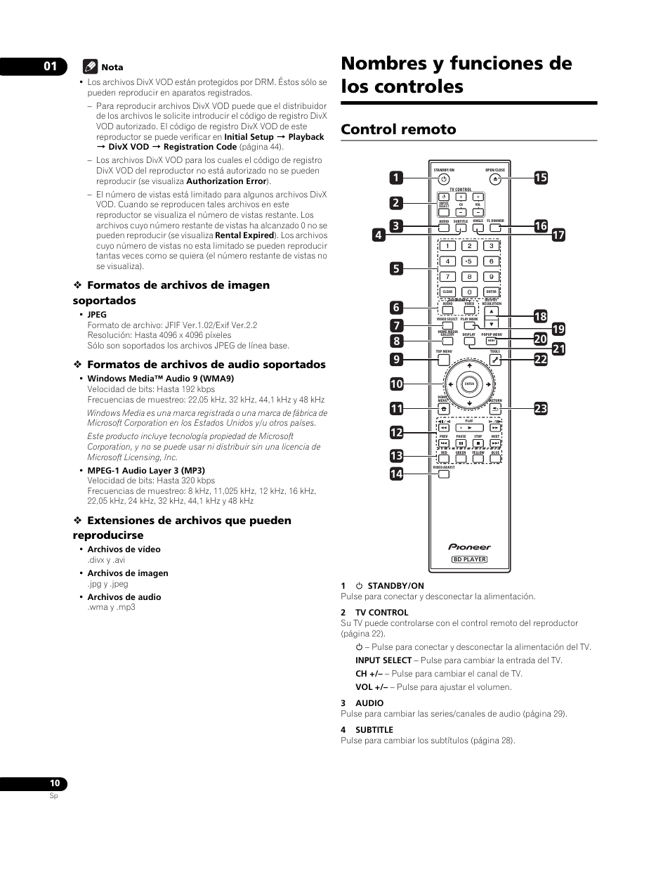 Nombres y funciones de los controles, Control remoto, Formatos de archivos de imagen soportados | Formatos de archivos de audio soportados, Extensiones de archivos que pueden reproducirse | Pioneer BDP-LX91 User Manual | Page 10 / 73