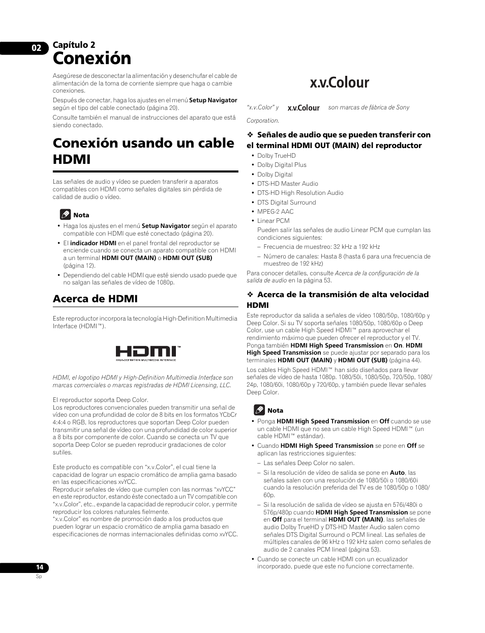 Conexión usando un cable hdmi, Acerca de hdmi, Conexión | Capítulo 2 | Pioneer BDP-LX91 User Manual | Page 14 / 73