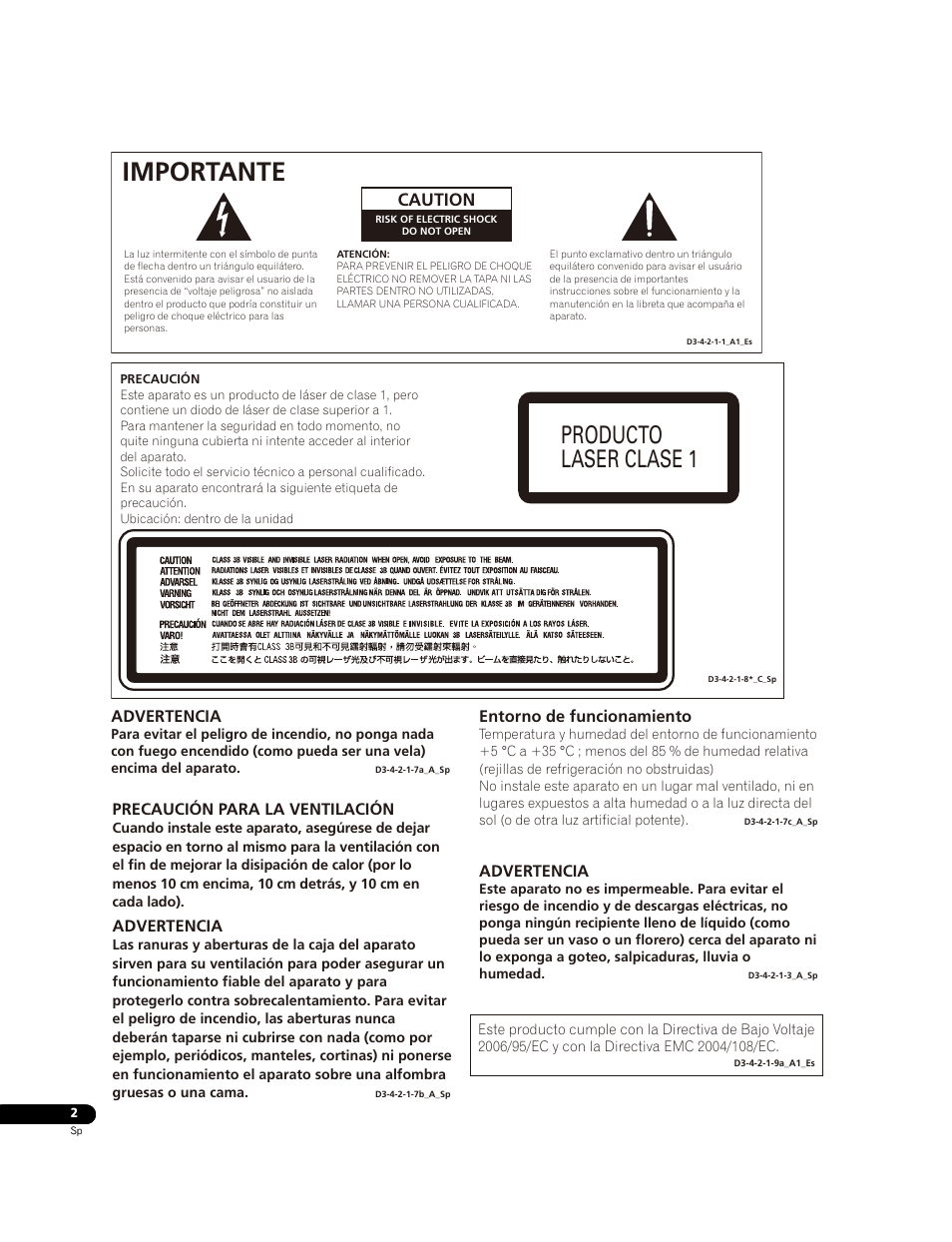 Importante, Producto laser clase 1, Caution | Pioneer BDP-LX91 User Manual | Page 2 / 73