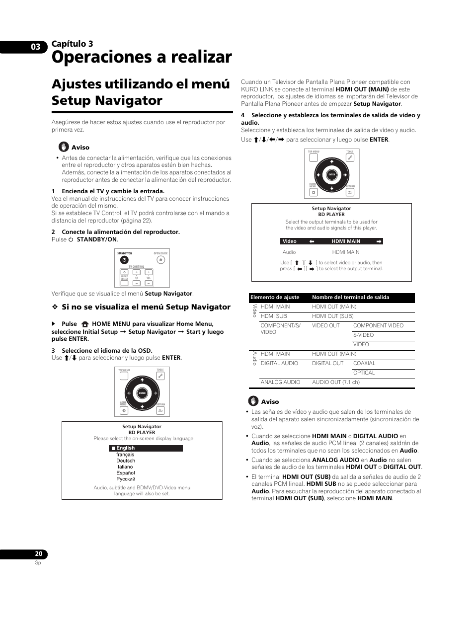 Ajustes utilizando el menú setup navigator, Operaciones a realizar, Capítulo 3 | Si no se visualiza el menú setup navigator | Pioneer BDP-LX91 User Manual | Page 20 / 73