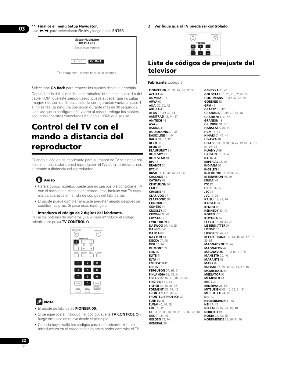 Lista de códigos de preajuste del televisor | Pioneer BDP-LX91 User Manual | Page 22 / 73