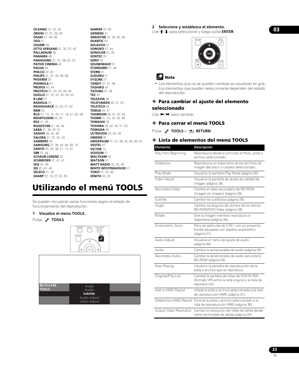 Utilizando el menú tools, Para cambiar el ajuste del elemento seleccionado, Para cerrar el menú tools | Lista de elementos del menú tools | Pioneer BDP-LX91 User Manual | Page 23 / 73