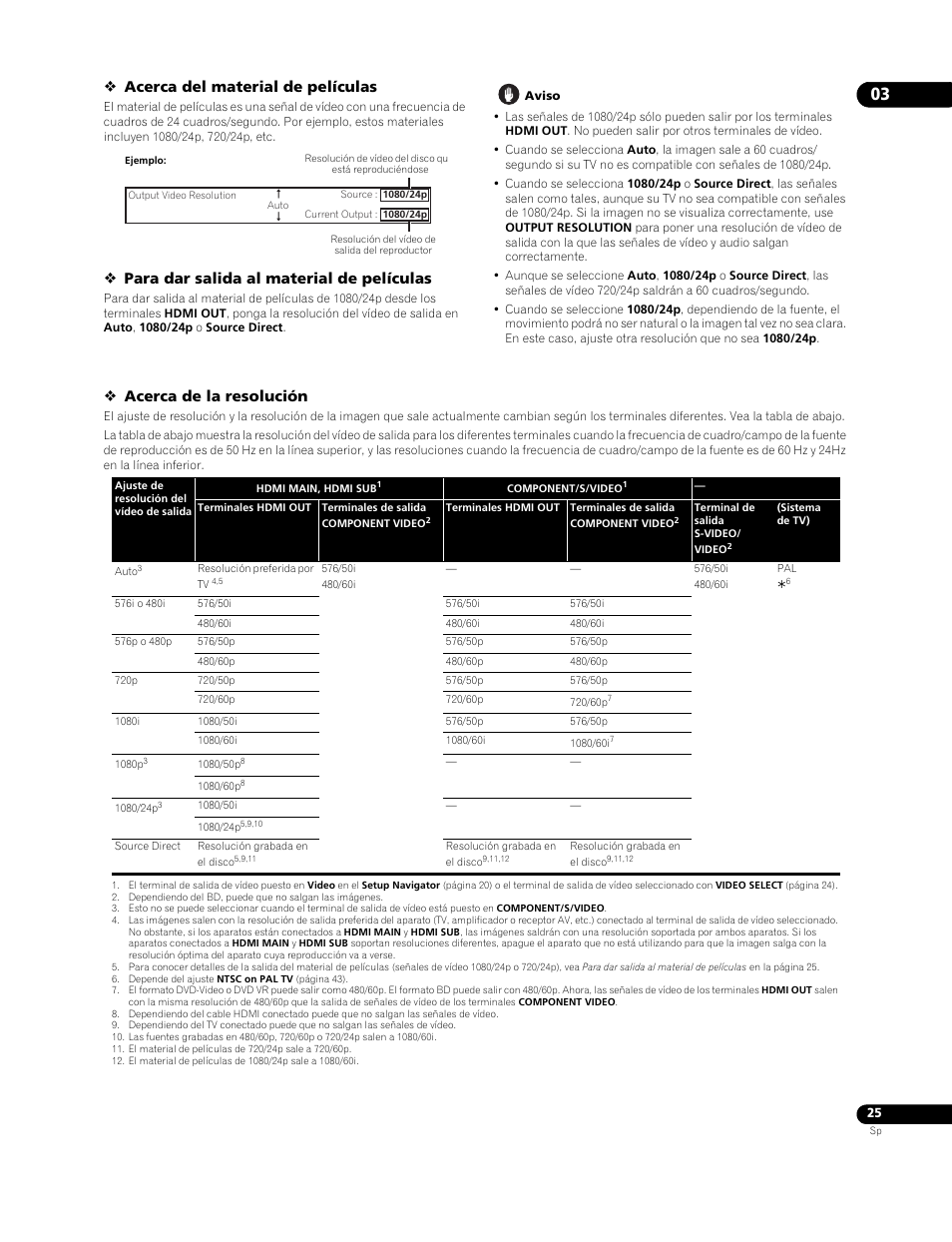 Acerca del material de películas, Para dar salida al material de películas, Acerca de la resolución | Pioneer BDP-LX91 User Manual | Page 25 / 73