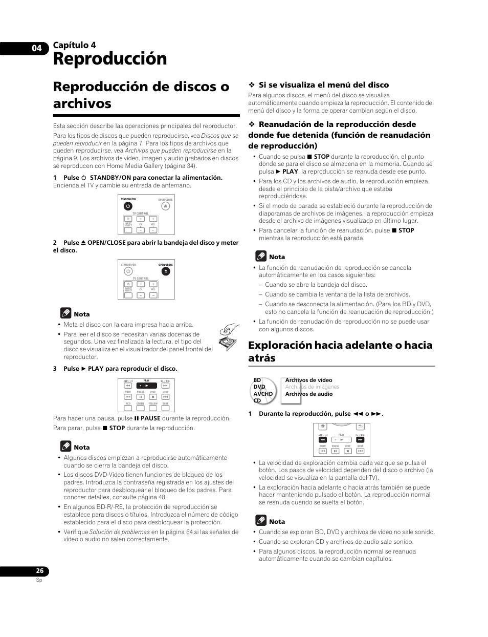 Reproducción de discos o archivos, Exploración hacia adelante o hacia atrás, Reproducción | Capítulo 4, Si se visualiza el menú del disco | Pioneer BDP-LX91 User Manual | Page 26 / 73