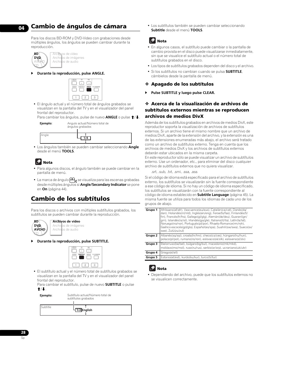 Cambio de ángulos de cámara, Cambio de los subtítulos, Apagado de los subtítulos | Pioneer BDP-LX91 User Manual | Page 28 / 73