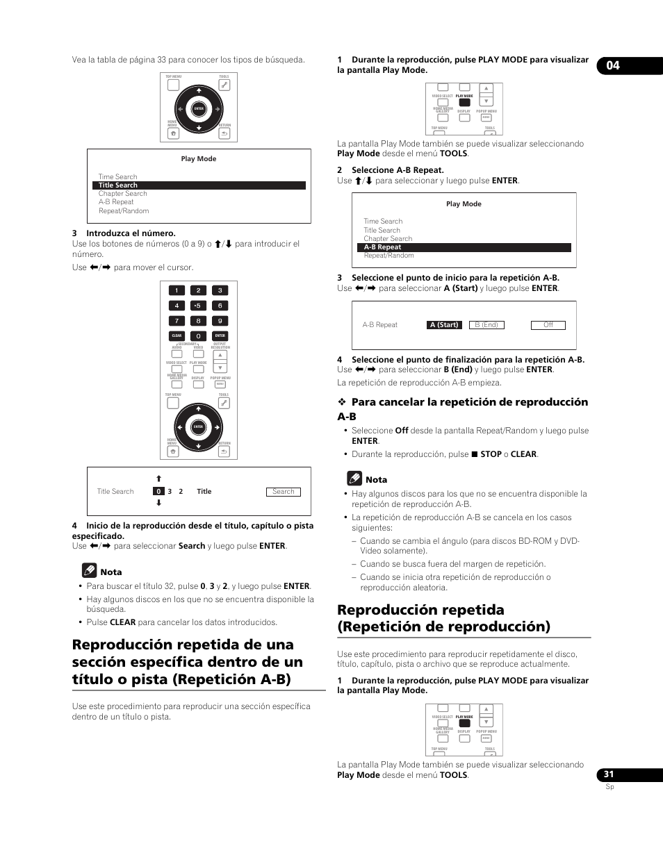 Reproducción repetida (repetición de reproducción), Para cancelar la repetición de reproducción a-b | Pioneer BDP-LX91 User Manual | Page 31 / 73