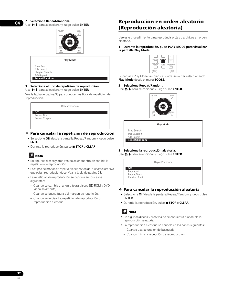 Para cancelar la repetición de reproducción, Para cancelar la reproducción aleatoria | Pioneer BDP-LX91 User Manual | Page 32 / 73