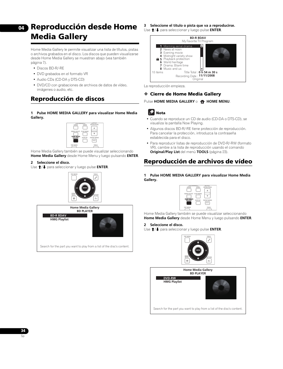 Reproducción desde home media gallery, Reproducción de discos, Reproducción de archivos de vídeo | Cierre de home media gallery | Pioneer BDP-LX91 User Manual | Page 34 / 73