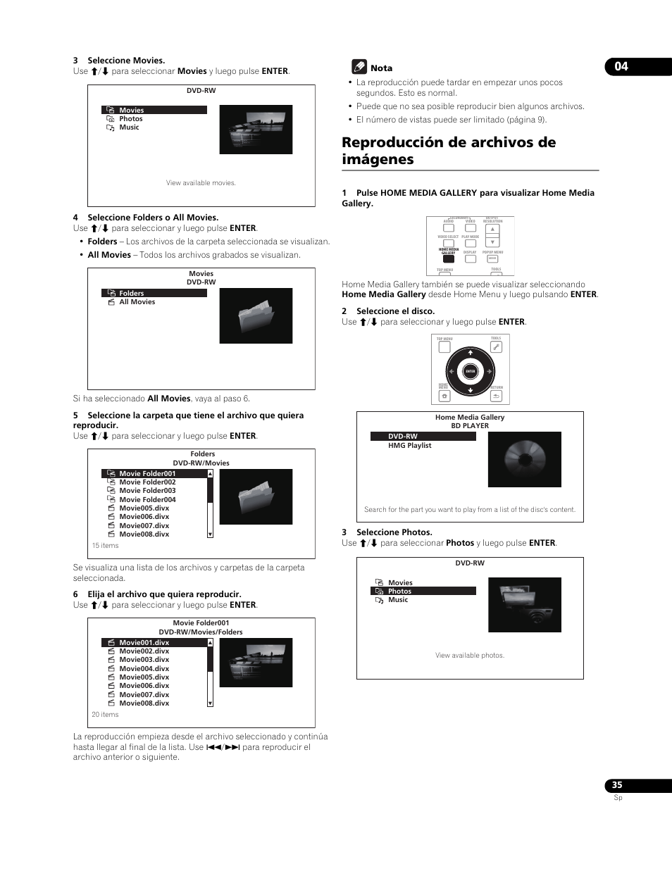 Reproducción de archivos de imágenes | Pioneer BDP-LX91 User Manual | Page 35 / 73