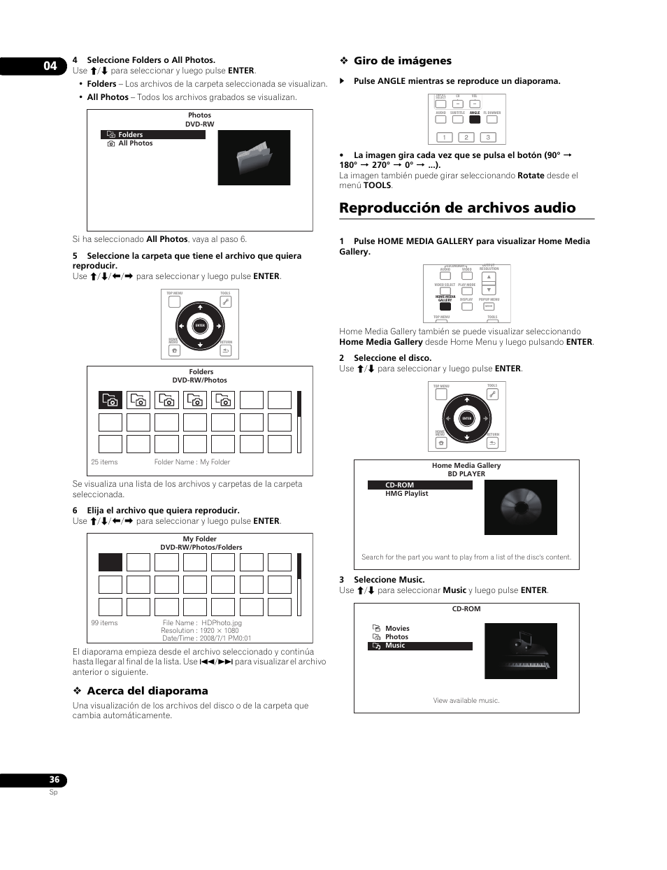 Reproducción de archivos audio, Acerca del diaporama, Giro de imágenes | Pioneer BDP-LX91 User Manual | Page 36 / 73