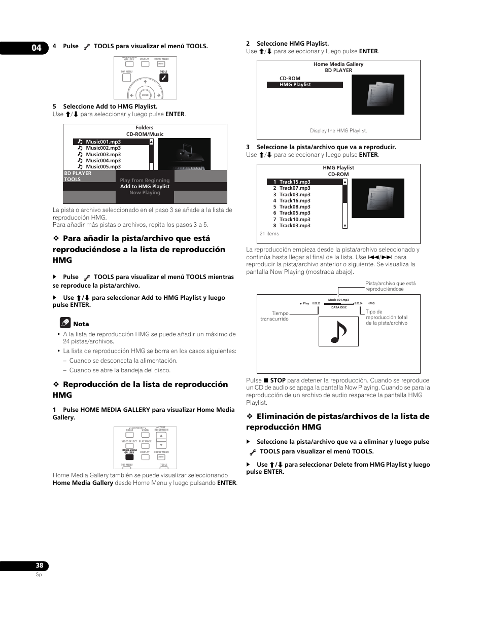 Reproducción de la lista de reproducción hmg | Pioneer BDP-LX91 User Manual | Page 38 / 73