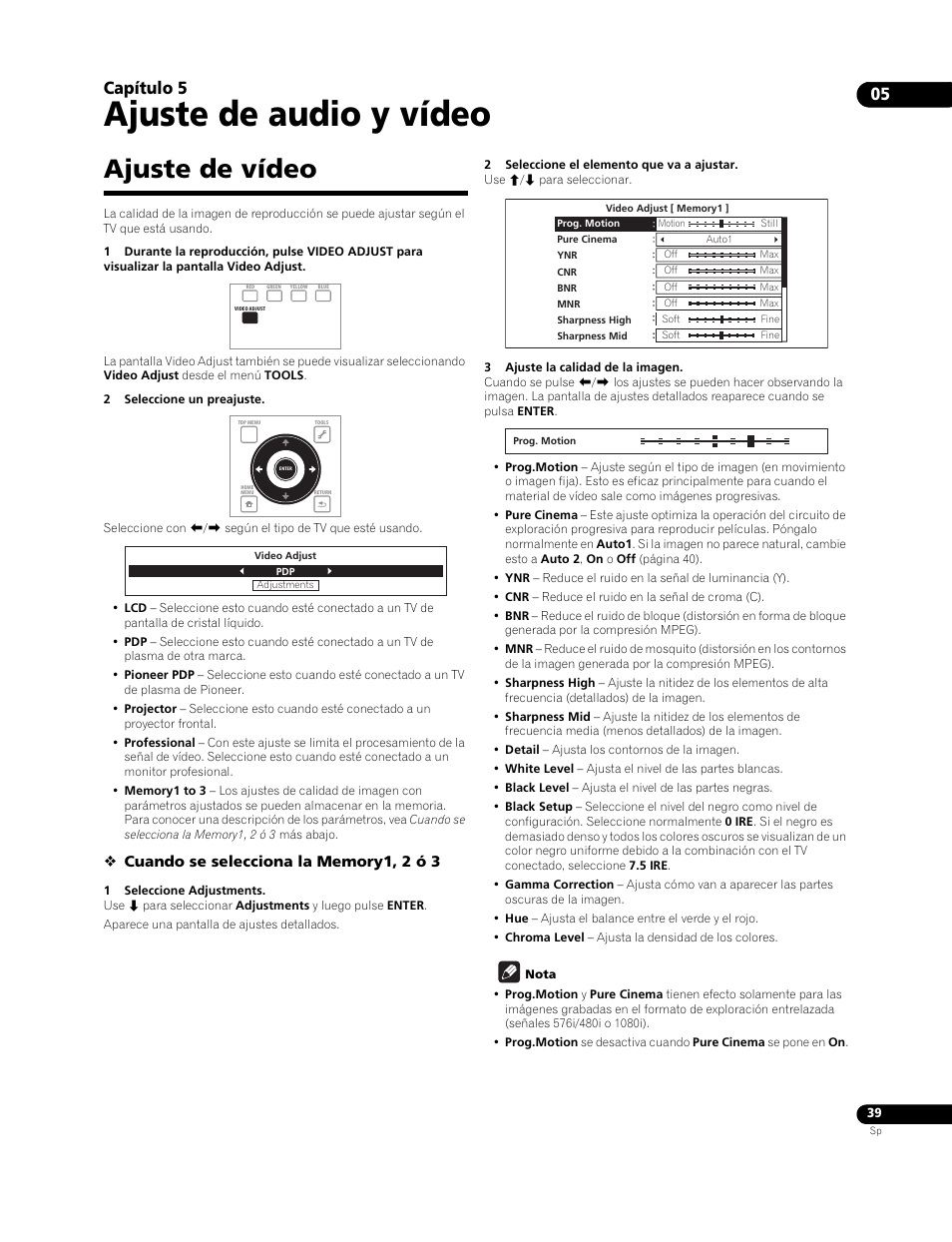 Ajuste de vídeo, Ajuste de audio y vídeo, Capítulo 5 | Pioneer BDP-LX91 User Manual | Page 39 / 73