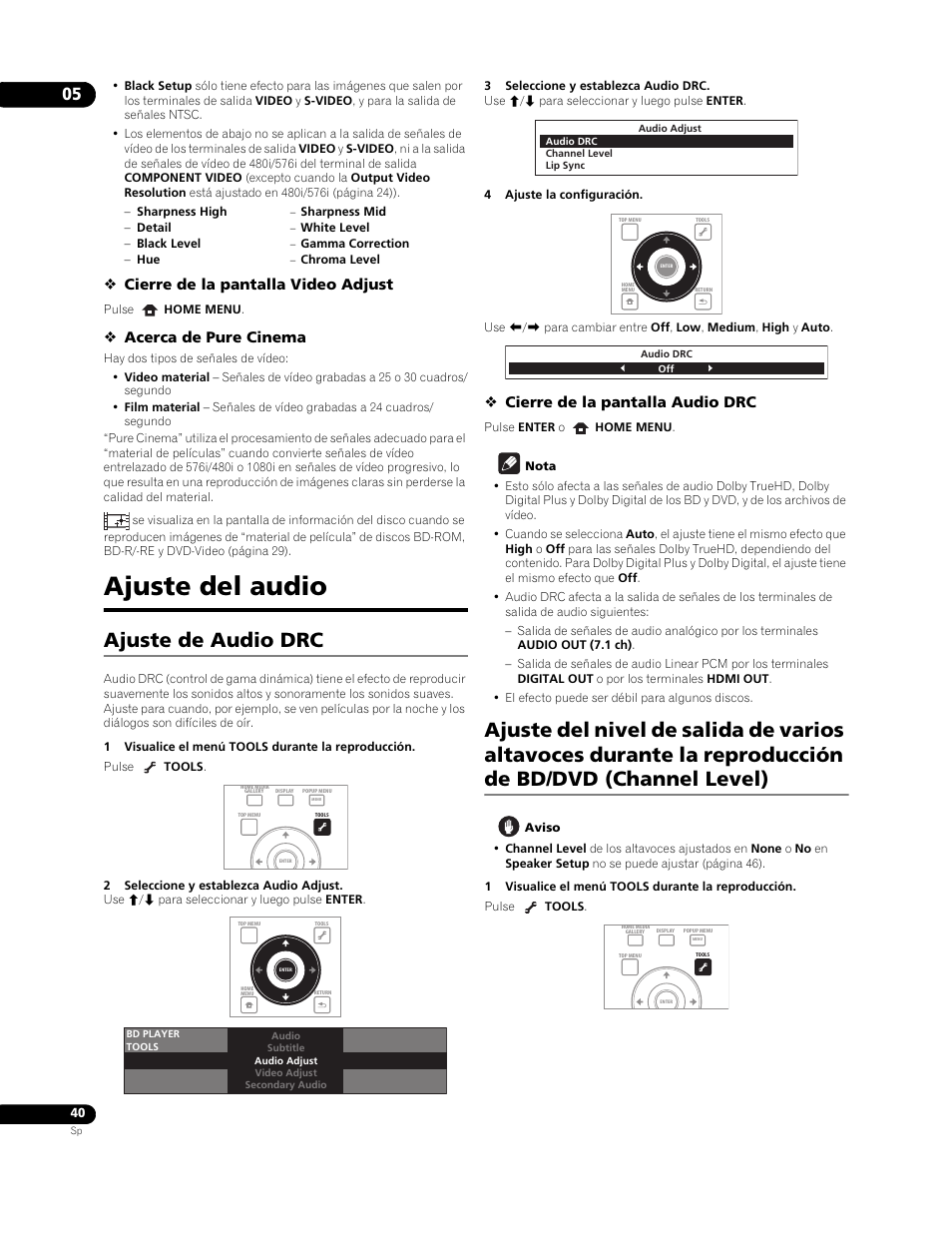 Ajuste del audio, Ajuste de audio drc, Cierre de la pantalla video adjust | Acerca de pure cinema, Cierre de la pantalla audio drc | Pioneer BDP-LX91 User Manual | Page 40 / 73