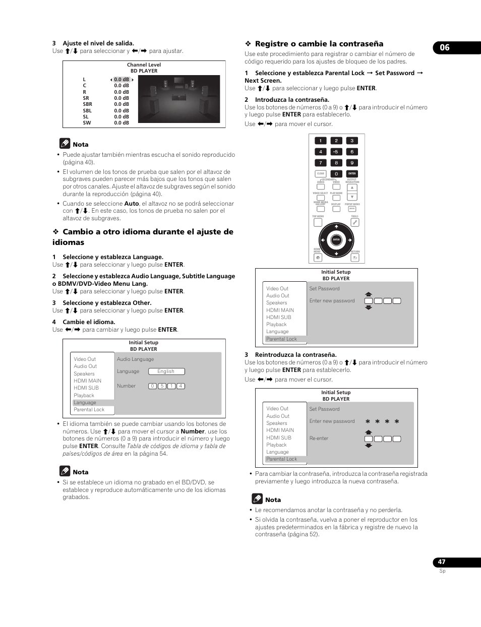 Cambio a otro idioma durante el ajuste de idiomas, Registre o cambie la contraseña | Pioneer BDP-LX91 User Manual | Page 47 / 73