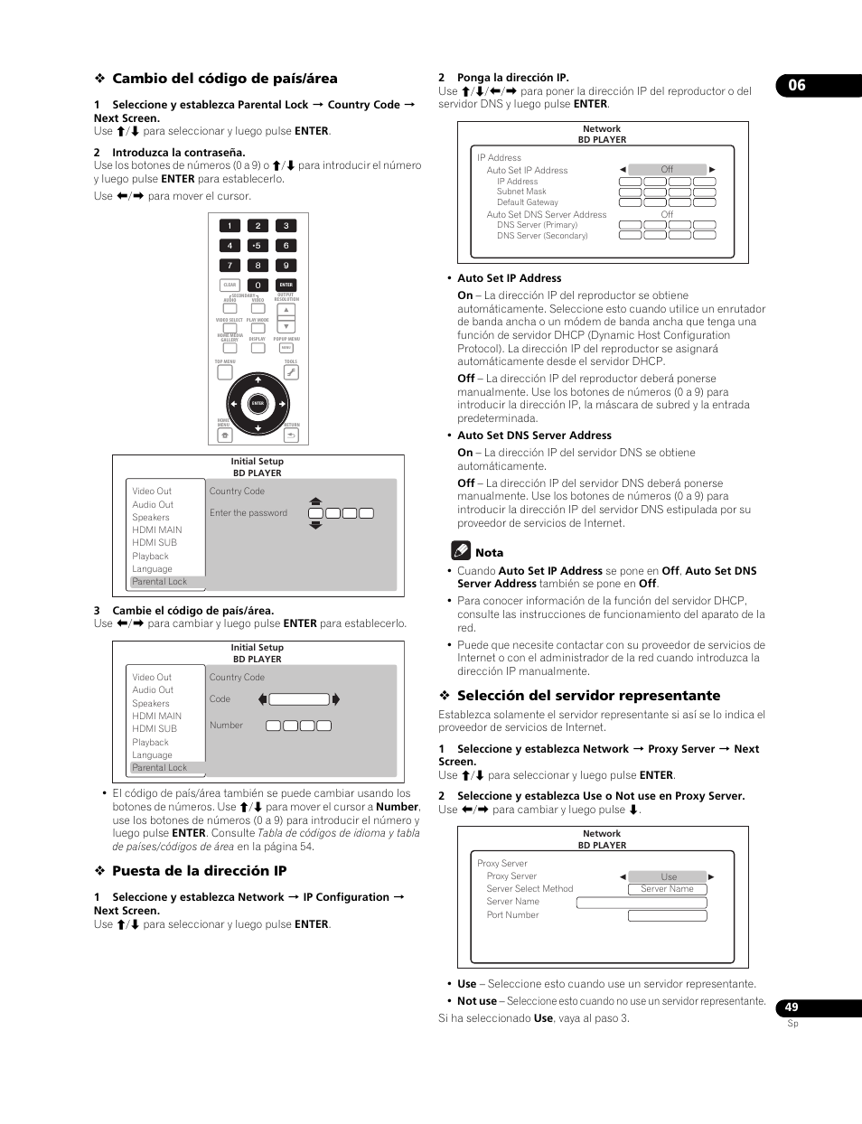 Cambio del código de país/área, Puesta de la dirección ip, Selección del servidor representante | Pioneer BDP-LX91 User Manual | Page 49 / 73