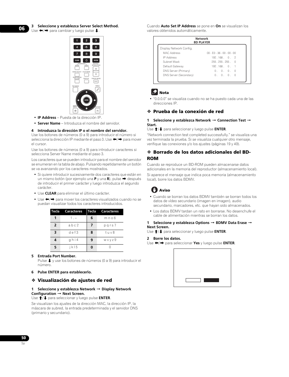 Visualización de ajustes de red, Prueba de la conexión de red, Borrado de los datos adicionales del bd- rom | Pioneer BDP-LX91 User Manual | Page 50 / 73