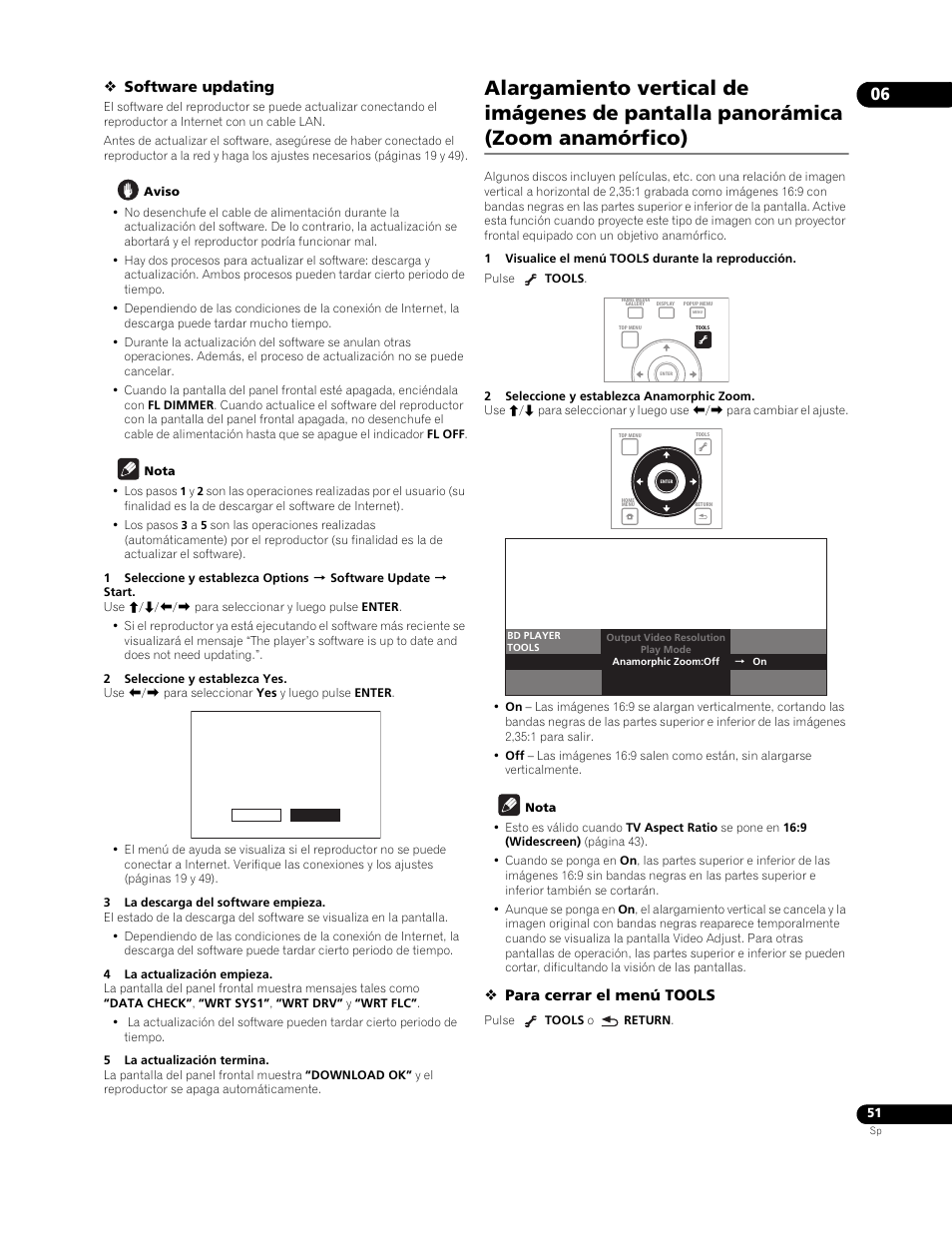 Software updating, Para cerrar el menú tools | Pioneer BDP-LX91 User Manual | Page 51 / 73