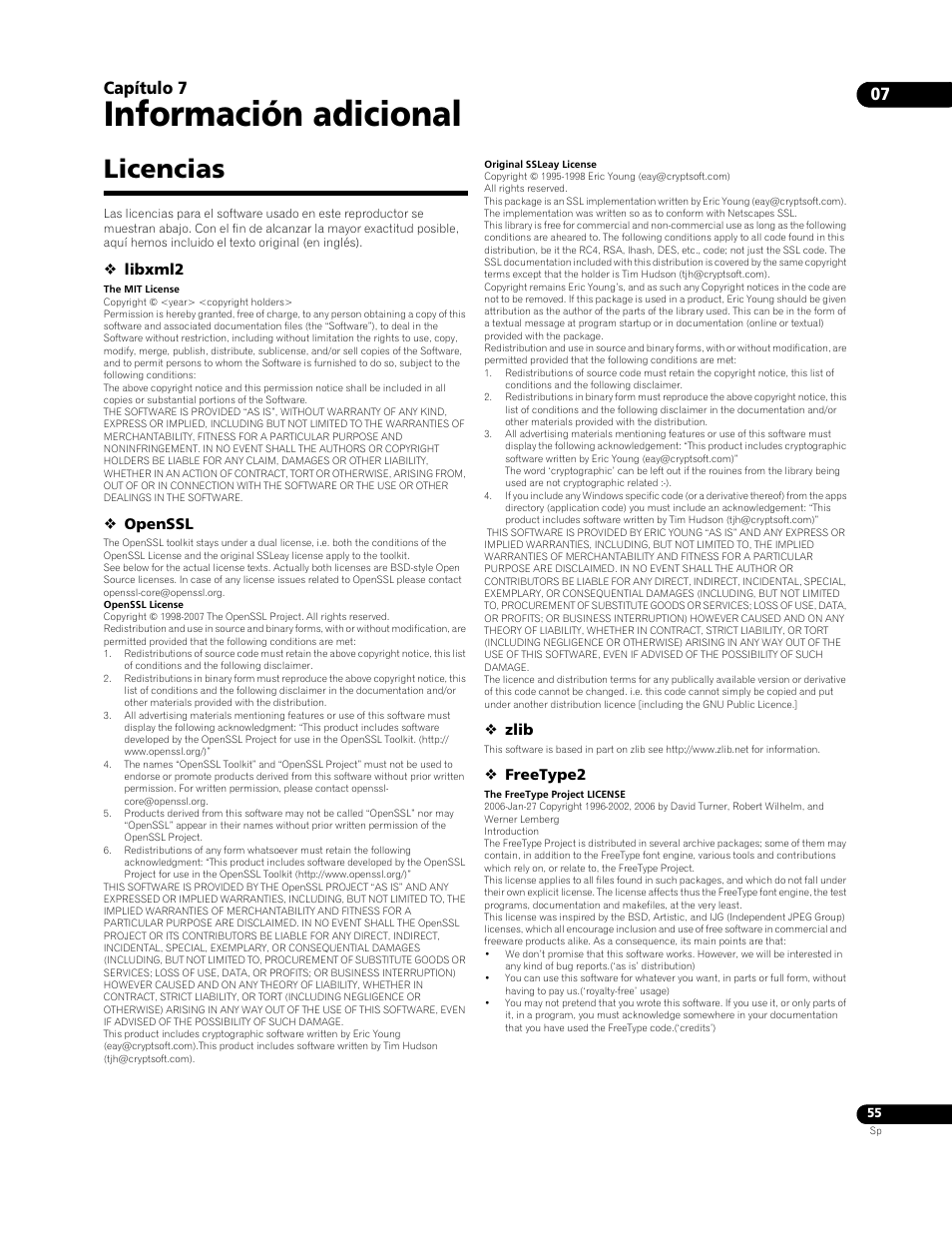 Licencias, Información adicional, Capítulo 7 | Pioneer BDP-LX91 User Manual | Page 55 / 73