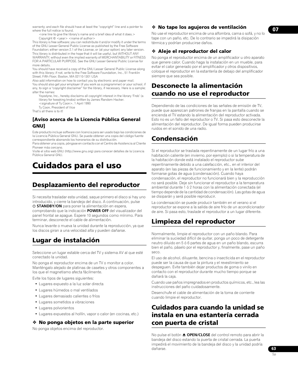 Cuidados para el uso, Desplazamiento del reproductor, Lugar de instalación | Condensación, Limpieza del reproductor | Pioneer BDP-LX91 User Manual | Page 63 / 73