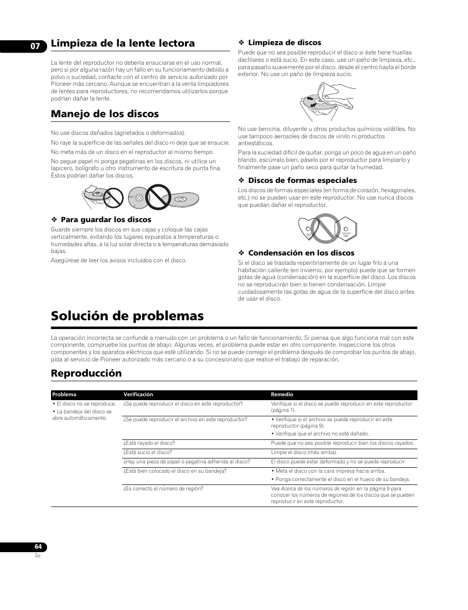 Limpieza de la lente lectora manejo de los discos, Solución de problemas, Reproducción | Limpieza de la lente lectora, Manejo de los discos | Pioneer BDP-LX91 User Manual | Page 64 / 73