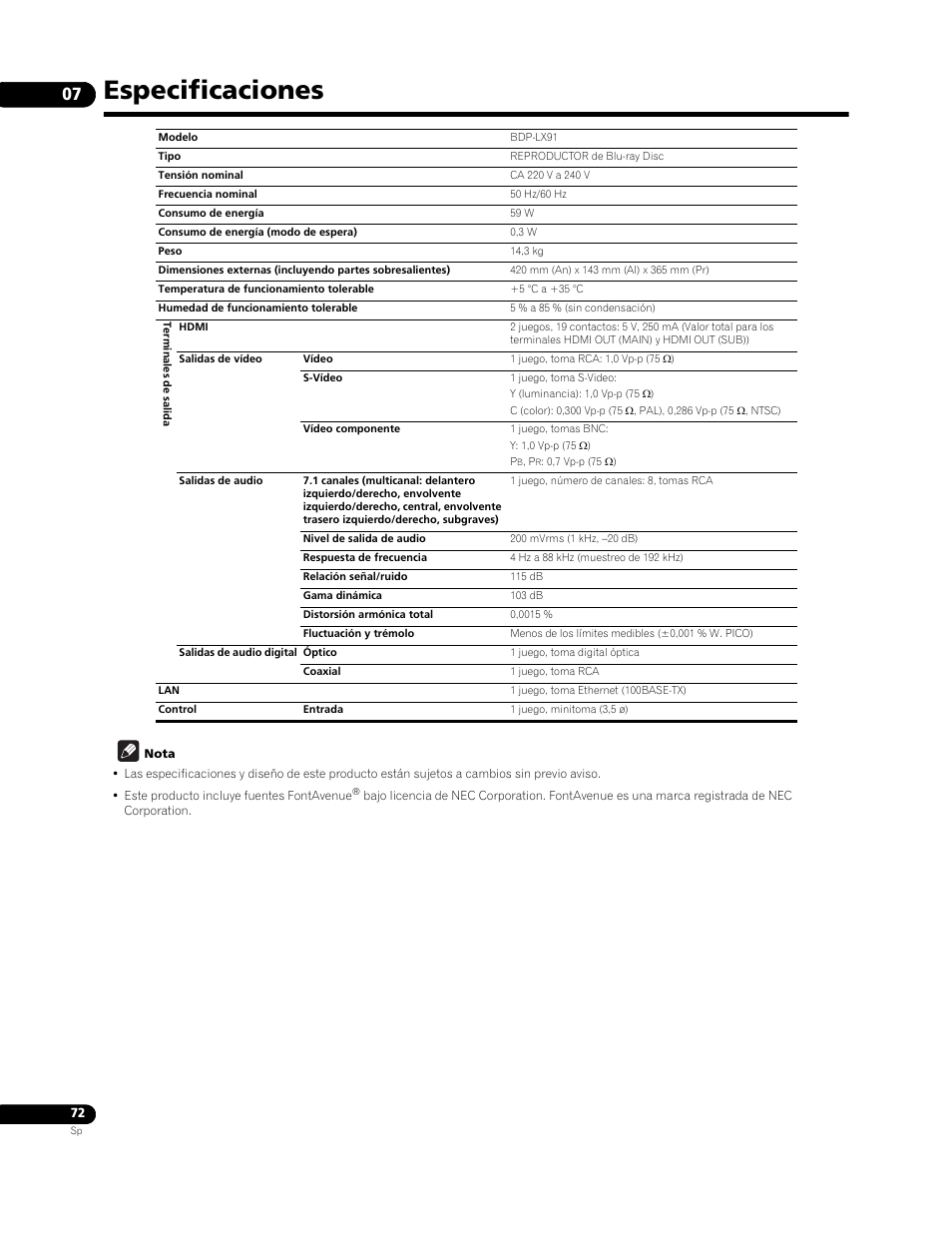 Especificaciones | Pioneer BDP-LX91 User Manual | Page 72 / 73