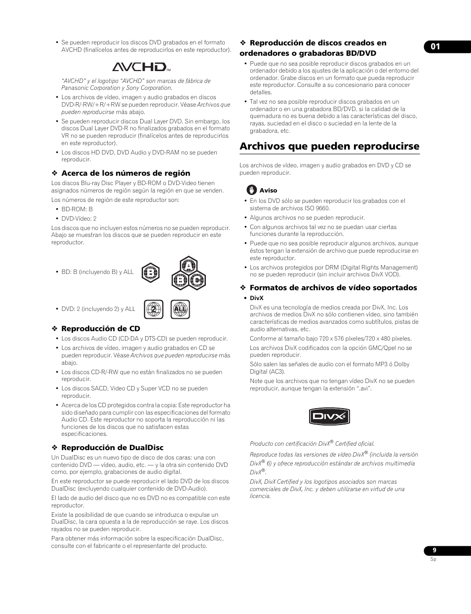 Archivos que pueden reproducirse | Pioneer BDP-LX91 User Manual | Page 9 / 73